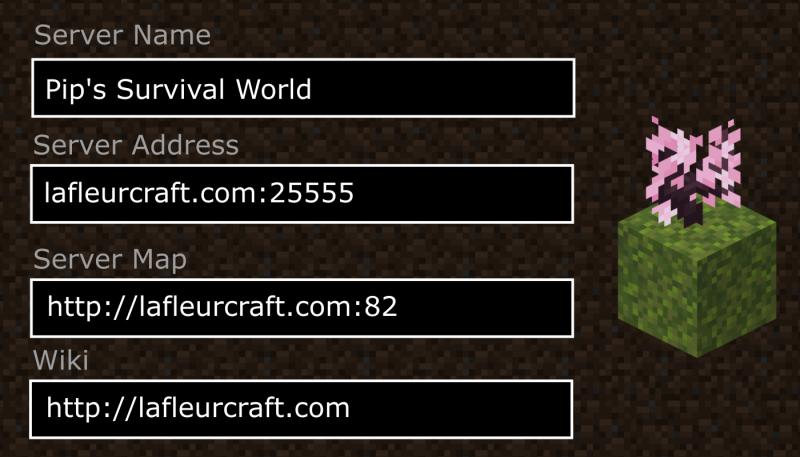 Pip's Survival Address: minecraft.themagi.net:25555